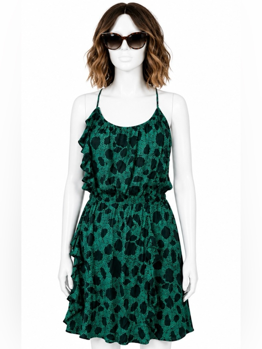 Parker Silk Ruffle Racerback Mini Dress Green/Black Fairy Whimsigoth Size L